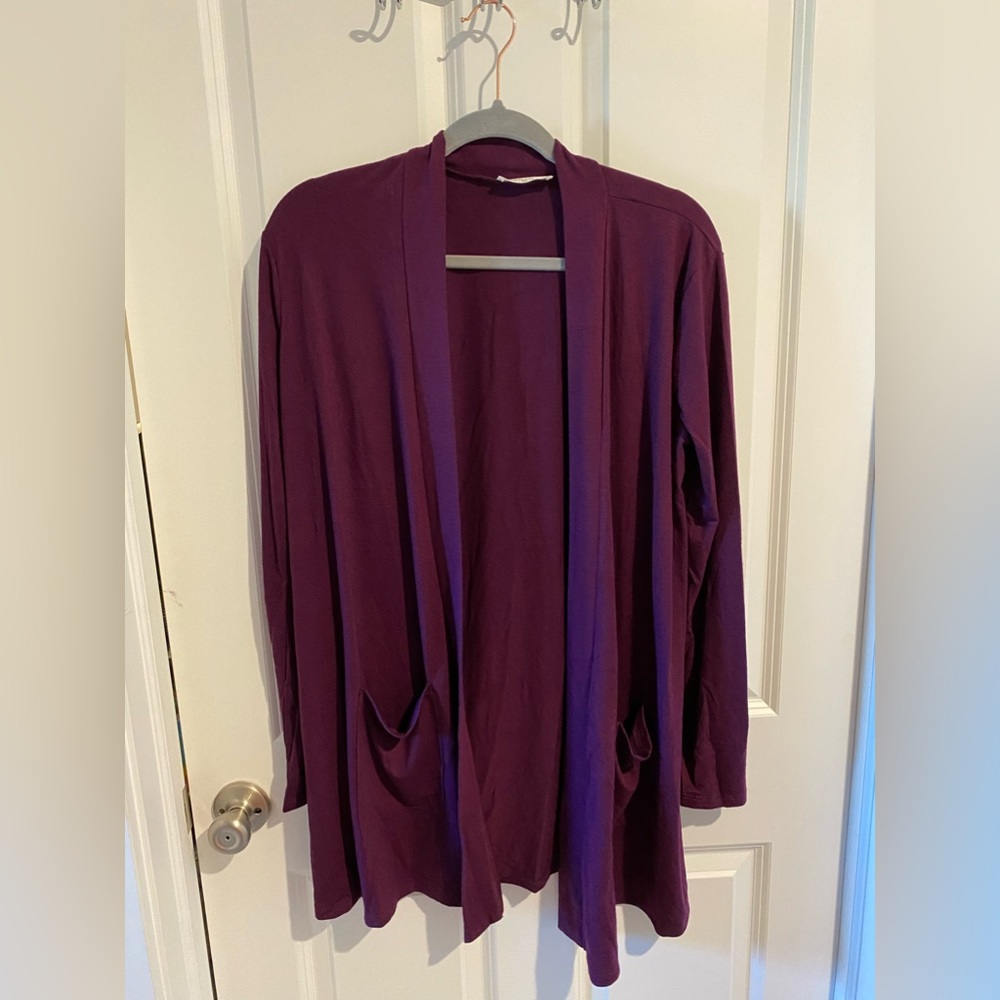 Zenana Open‑Front Cardigan – Eggplant Purple Lightweight Knit (XL)